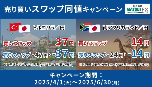 【トルコリラ/円・ランド/円】売り買いスワップ同値キャンペーン！