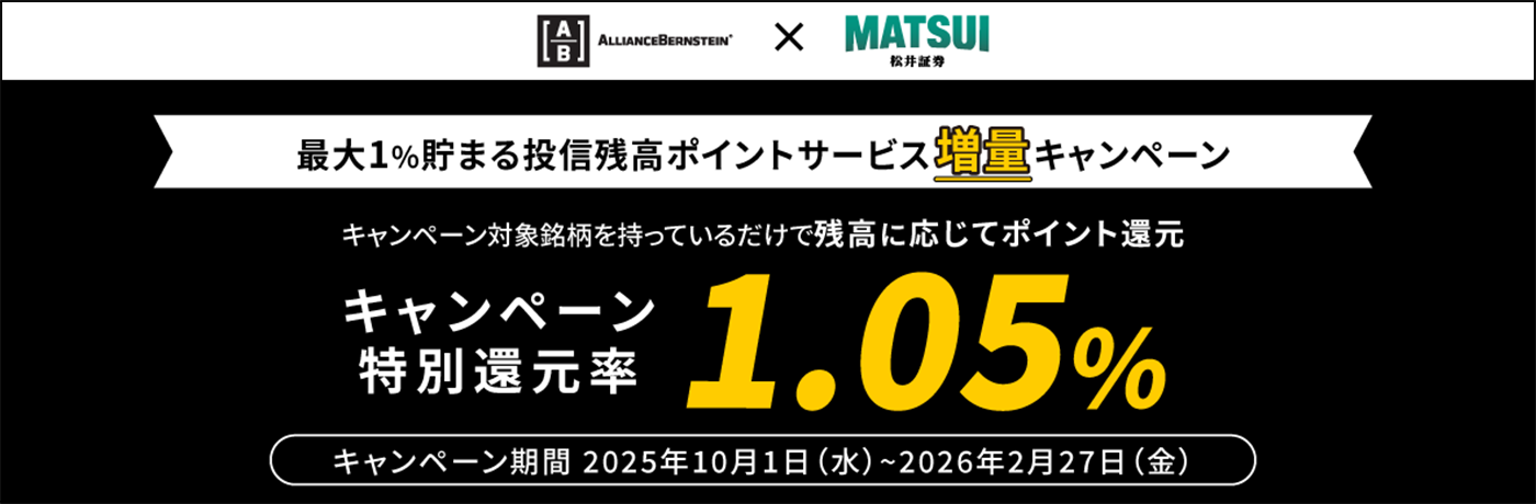 最大1%貯まる等身残高ポイントサービス増量キャンペーン キャンペーン対象銘柄を持っているだけで残高に応じてポイント還元　キャンペーン特別還元率 1.05% キャンペーン期間 2025年10月1日（水）〜2026年2月27日（金）