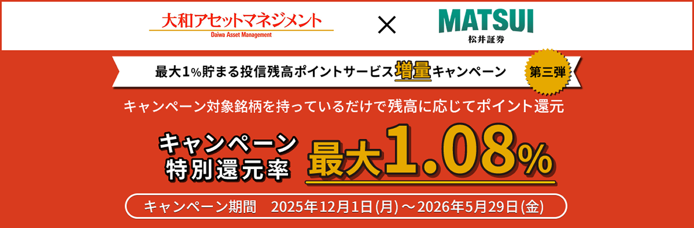 最大1%貯まる等身残高ポイントサービス増量キャンペーン キャンペーン対象銘柄を持っているだけで残高に応じてポイント還元　キャンペーン特別還元率 1.08% キャンペーン期間 2025年12月1日(月)～ 2026年5月29日(金)