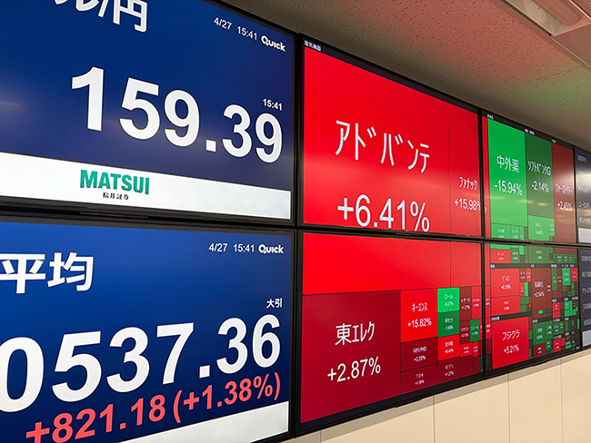 日経平均株価が初めて取引時間中に6万円にタッチした2026年4月23日の株価ボード。