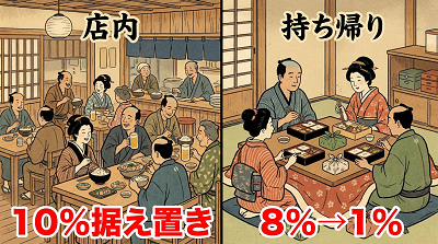 店内で食事をする様子と、持ち帰り食事をする様子