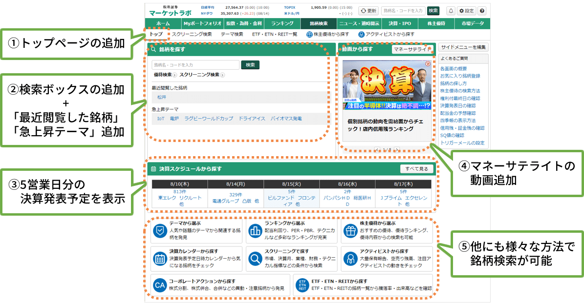 銘柄検索画面のトップページで銘柄探しが便利に！