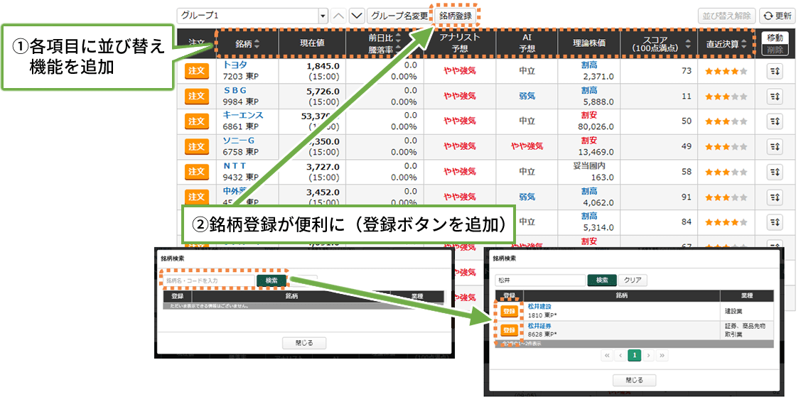 Myポートフォリオで銘柄の並び替え・銘柄登録が簡単に！