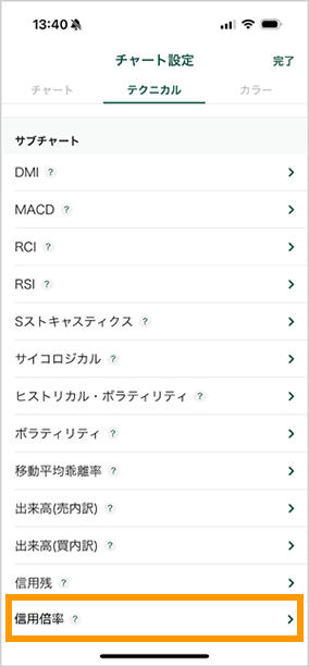 チャート＞チャート設定(テクニカル)