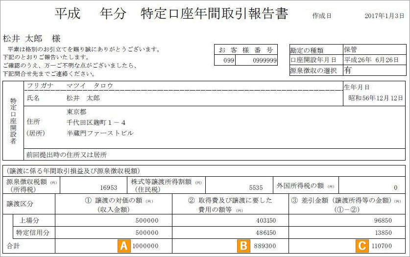 確定 書 取引 特定 年間 報告 申告 口座