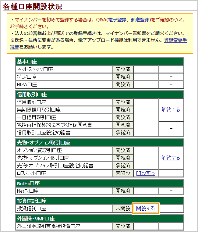 ログイン後画面で投資信託口座の開設を申込む