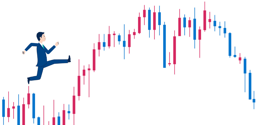 上昇するチャートを駆け上る男性